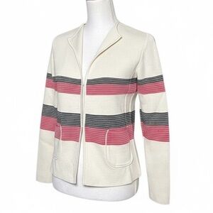 Talbots Womens Petite S Striped Cotton Rayon Cardigan Cream Pink Black Pockets